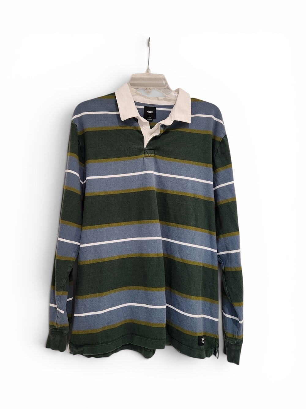 Vans Men's Dark Green and Blue Striped Rugby Polo with White Collar Size L